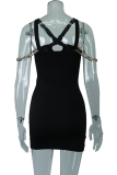 Black Sexy Patchwork Chains Halter Pencil Skirt Dresses