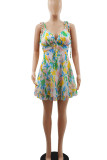 Colour Sexy Print Patchwork Spaghetti Strap A Line Dresses