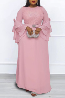 Pink Elegant Solid Split Joint O Neck Long Dress Plus Size Dresses