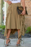 Khaki Fashion Casual Solid Asymmetrical Regular High Waist Skirt