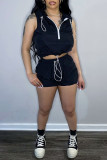 Blue Fashion Casual Solid Patchwork Hooded Collar Sleeveless Two Pieces