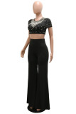 Black Fashion Casual Solid Patchwork Beading O Neck Short Sleeve Two Pieces