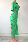 Yellow Casual Solid Hollowed Out Patchwork Buckle Backless Turndown Collar Shirt Dress Dresses