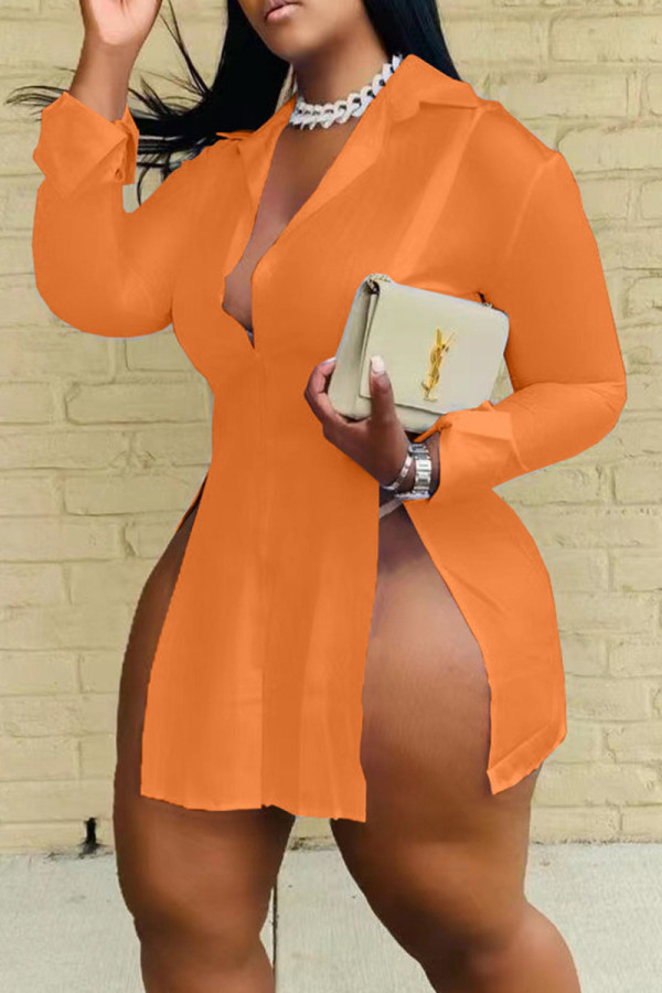 Orange Casual Solid Patchwork Slit Asymmetrical Turndown Collar Tops