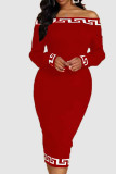 Burgundy Elegant Print Patchwork Off the Shoulder One Step Skirt Dresses