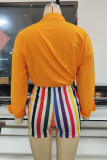Yellow Casual Striped Print Patchwork Buckle Turndown Collar Long Sleeve Two Pieces