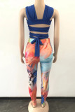 Rose Red Sexy Print Bandage Hollowed Out Patchwork Asymmetrical Sleeveless Two Pieces