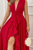 Red Sexy Solid Bandage V Neck Irregular Dress Dresses