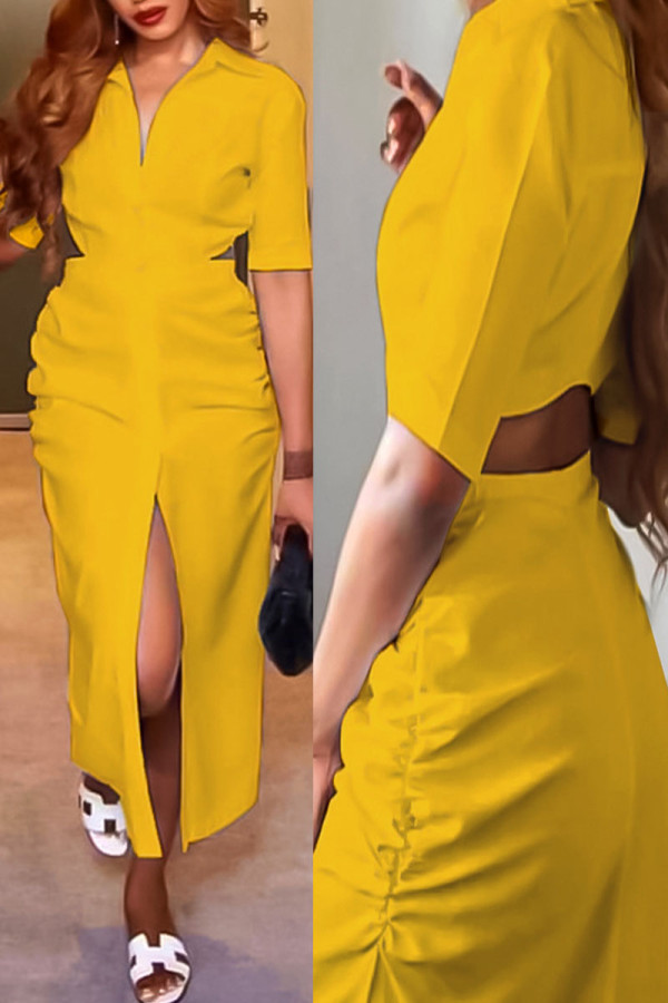 Yellow Casual Solid Hollowed Out Patchwork Buckle Backless Turndown Collar Shirt Dress Dresses