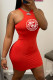 Red Fashion Casual Print Letter O Neck One Step Skirt Dresses