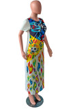 Multicolor Fashion Casual Print Patchwork O Neck Short Sleeve Dress Dresses