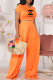 Orange Fashion Casual Print Letter O Neck Short Sleeve Two Pieces
