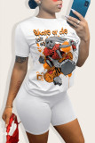White Fashion Casual Print Basic O Neck Short Sleeve Two Pieces