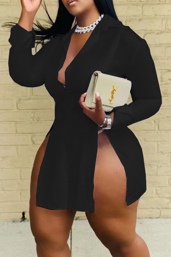 Black Casual Solid Patchwork Slit Asymmetrical Turndown Collar Tops