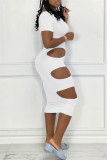 White Fashion Casual Solid Hollowed Out O Neck Short Sleeve Dress