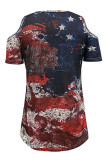 Red Fashion Casual Print Hollowed Out V Neck T-Shirts
