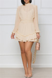 Apricot Sexy Casual Solid Patchwork See-through Half A Turtleneck Long Sleeve Dresses