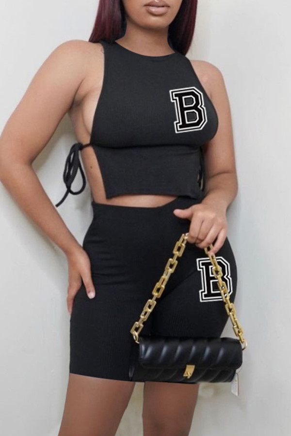 Black Fashion Casual Letter Print Bandage O Neck Sleeveless Two Pieces