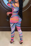 Pink Sexy Print Hollowed Out Patchwork Off the Shoulder Regular Jumpsuits