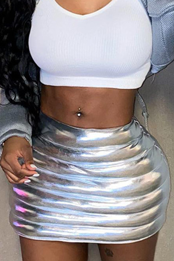 Silver Sexy Solid Patchwork Skinny Mid Waist Pencil Solid Color Bottoms