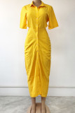 Yellow Casual Solid Hollowed Out Patchwork Buckle Backless Turndown Collar Shirt Dress Dresses