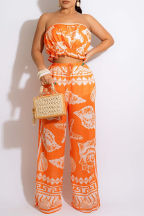 Tangerine Red Fashion Print Split Joint Strapless Sleeveless Two Pieces