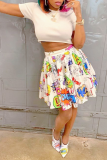 White Fashion Print Patchwork O Neck Short Sleeve Two Pieces