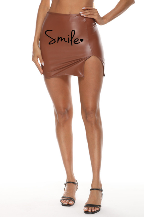 Brown Fashion Casual Letter Print Slit Skinny High Waist Skirt