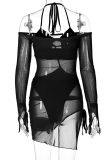 Black Sexy Solid Patchwork Spaghetti Strap Long Sleeve Two Pieces