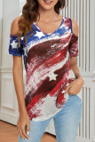Red Fashion Casual Print Hollowed Out V Neck T-Shirts