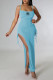 Light Blue Fashion Celebrities Print Fold Spaghetti Strap Irregular Dress Dresses