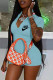 Sky Blue Fashion Sexy Print Letter Zipper Collar Rompers
