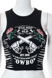 Black Sexy Print Hollowed Out O Neck Tops