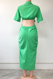 Yellow Casual Solid Hollowed Out Patchwork Buckle Backless Turndown Collar Shirt Dress Dresses