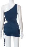 Deep Blue Sexy Solid Patchwork One Shoulder Sleeveless Two Pieces