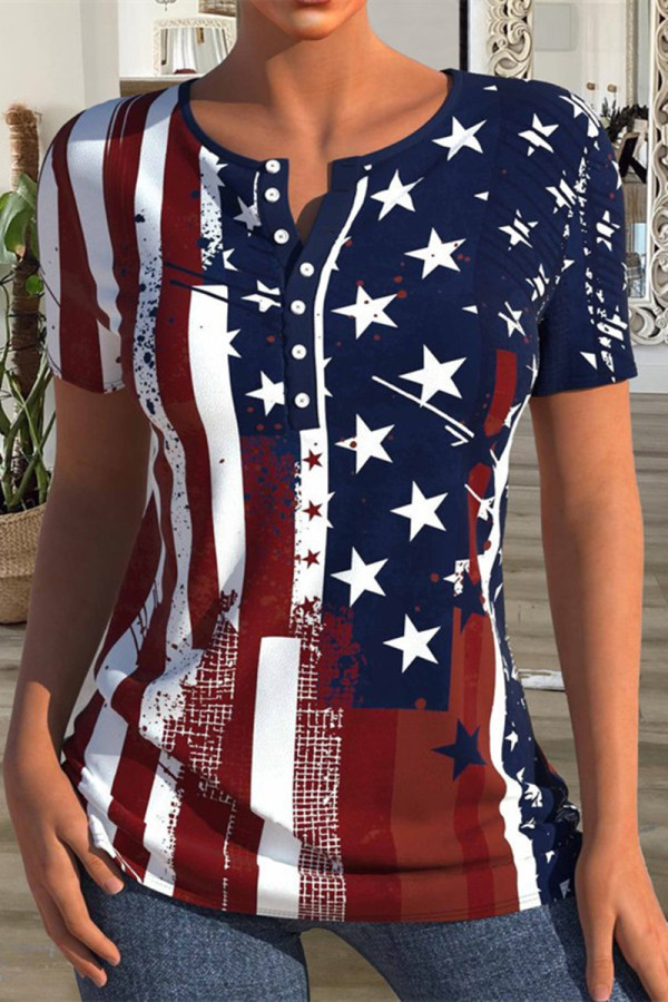 Red Blue Fashion Casual Print Patchwork O Neck T-Shirts