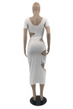 White Fashion Casual Solid Hollowed Out O Neck Short Sleeve Dress