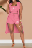 Pink Fashion Print Patchwork Cardigan Collar Sleeveless Three Pieces