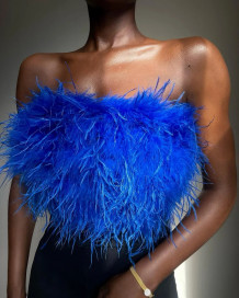 Blue Sexy Solid Patchwork Feathers Strapless Tops