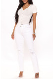 White Fashion Casual Solid Basic V Neck T-Shirts