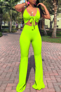 Fluorescent Green Sexy Casual Solid Bandage Hollowed Out Backless Spaghetti Strap Skinny Jumpsuits