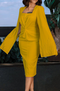 Yellow Elegant Solid Split Joint Beading O Neck Evening Dress Dresses