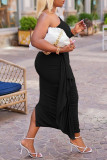 Black Casual Solid Patchwork Flounce Fold Asymmetrical Oblique Collar One Step Skirt Plus Size Dresses