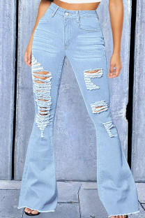 Baby Blue Fashion Casual Solid Ripped High Waist Boot Cut Denim Jeans