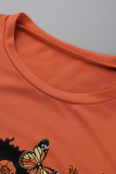 Tangerine Red Casual Butterfly Print Patchwork O Neck Short Sleeve Two Pieces