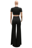 Black Fashion Casual Solid Patchwork Beading O Neck Short Sleeve Two Pieces