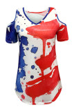 Red Fashion Casual Print Hollowed Out V Neck T-Shirts
