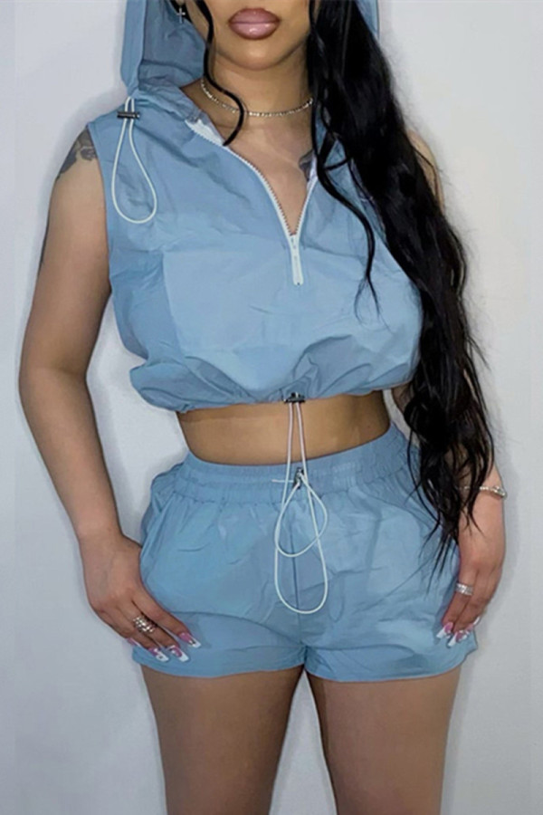 Blue Fashion Casual Solid Patchwork Hooded Collar Sleeveless Two Pieces