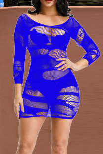 Blue Sexy Solid Mesh O Neck Pencil Skirt Dresses
