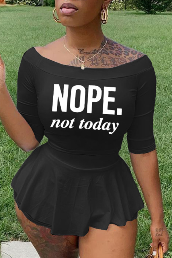 Black Fashion Print Flounce Off the Shoulder Three Quarter Two Pieces